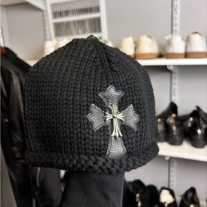 Chrome Hearts Black Cashmere Beanie – Leather Cross Patch – Sterling Silver